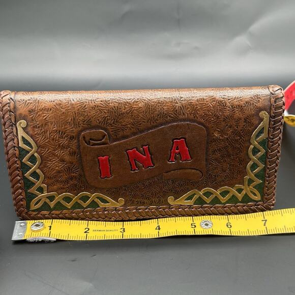 Vintage Hand Tooled Textured Leather Wallet Check Card Bill Holder Monogrammed - Picture 5 of 6